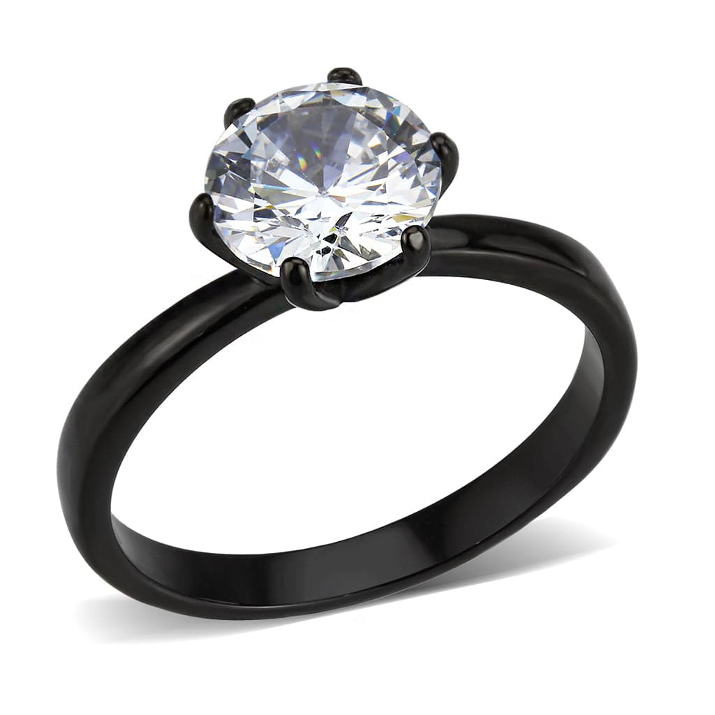 Stainless Steel Dark IP CZ Round Six Prong Solitaire Ring