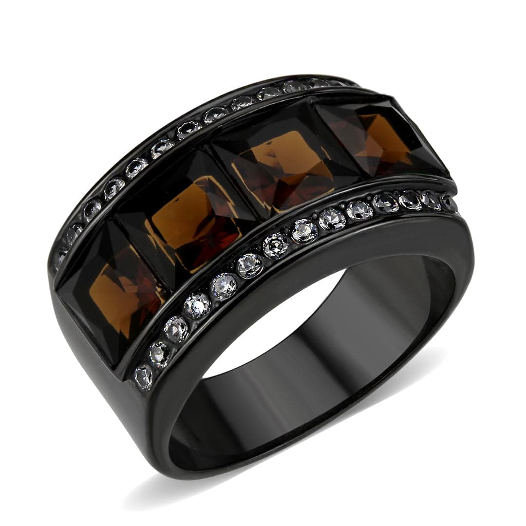 Stainless Steel Dark IP Smoky Topaz Emerald Cut Channel Wide Ring
