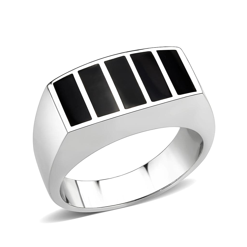 Stainless Steel Silver Black Enamel Stripe Rectangle Mens Ring