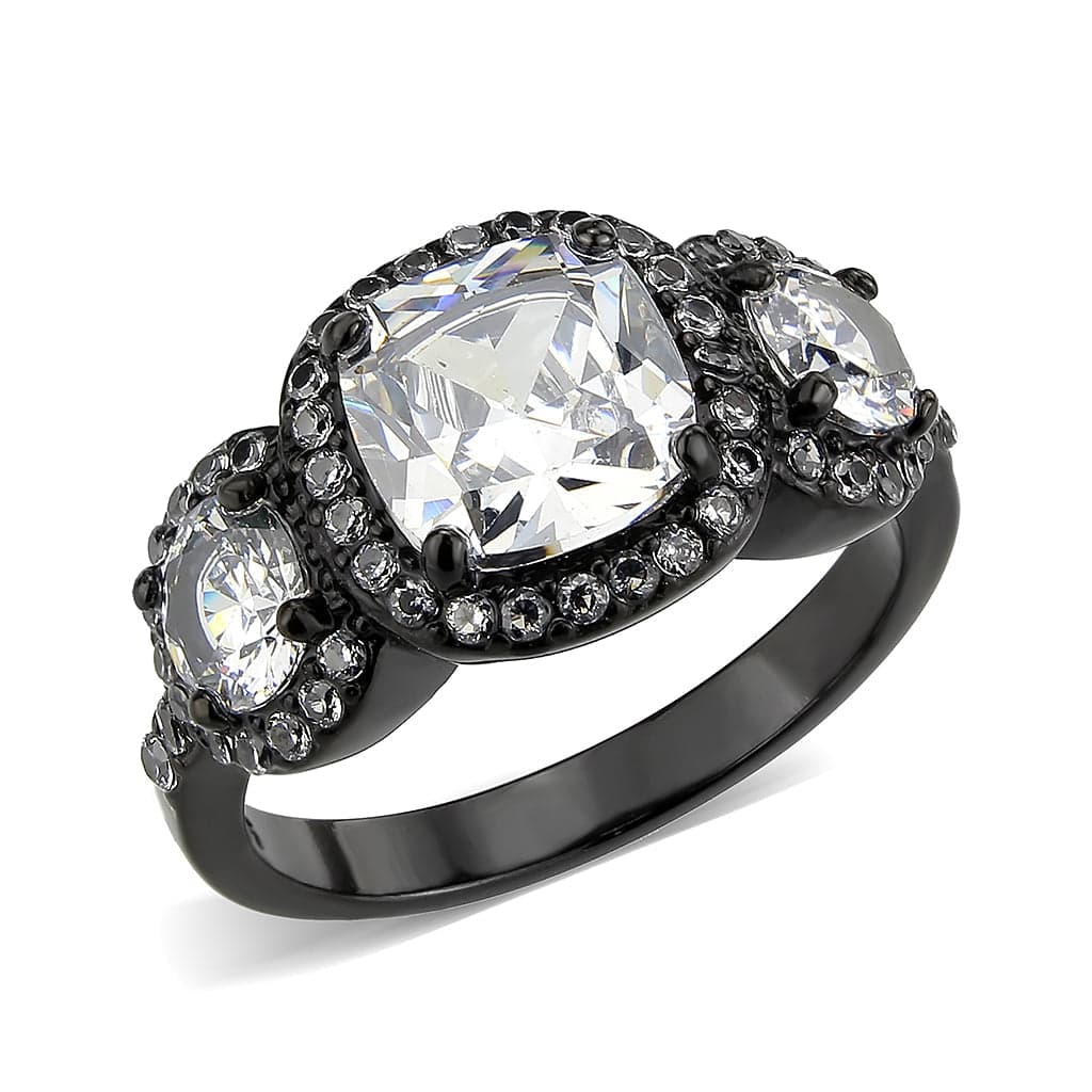 Stainless Steel Dark IP CZ Cushion Halo Three Stone Cocktail Ring