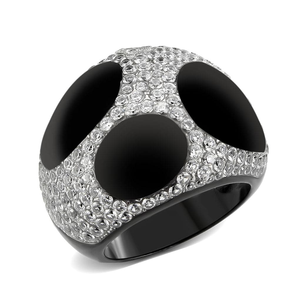 Stainless Steel Dark IP Black Enamel CZ Pave Dome Cocktail Ring
