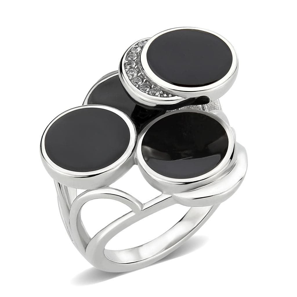 Stainless Steel Silver Black Onyx Round Double Bezel Open Ring