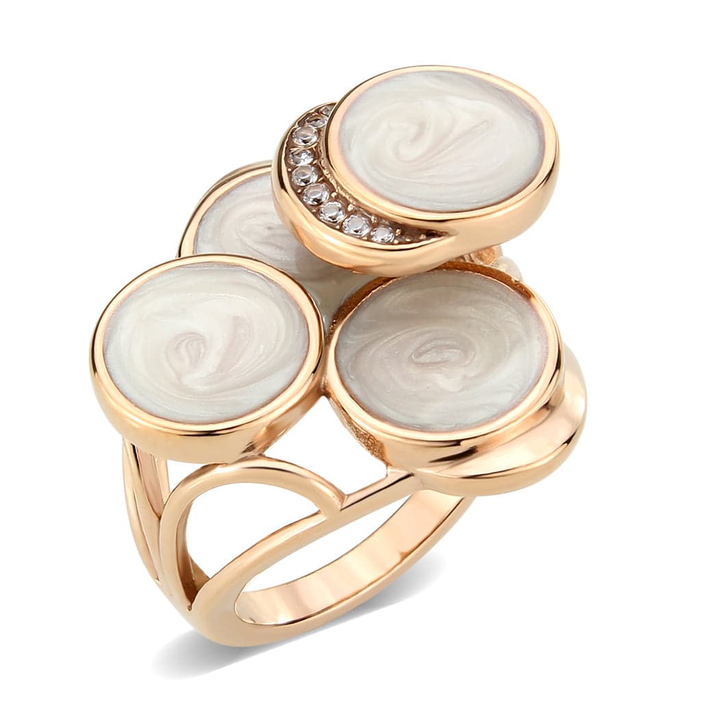 Stainless Steel Rose Gold IP Mother Of Pearl Round Triple Ring