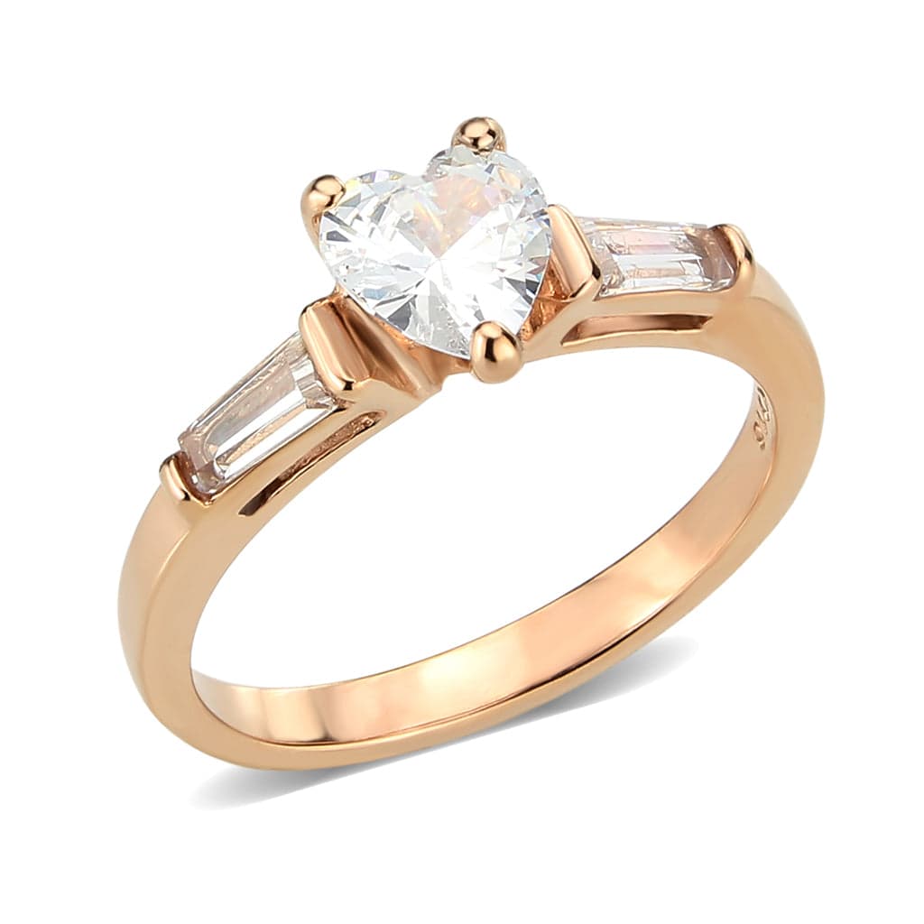 Stainless Steel Rose Gold IP CZ Round Baguette Solitaire Ring