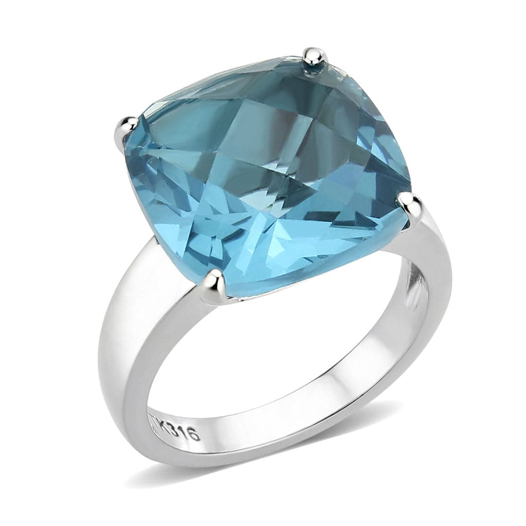 Stainless Steel Silver Aquamarine Crystal Cushion Solitaire Ring
