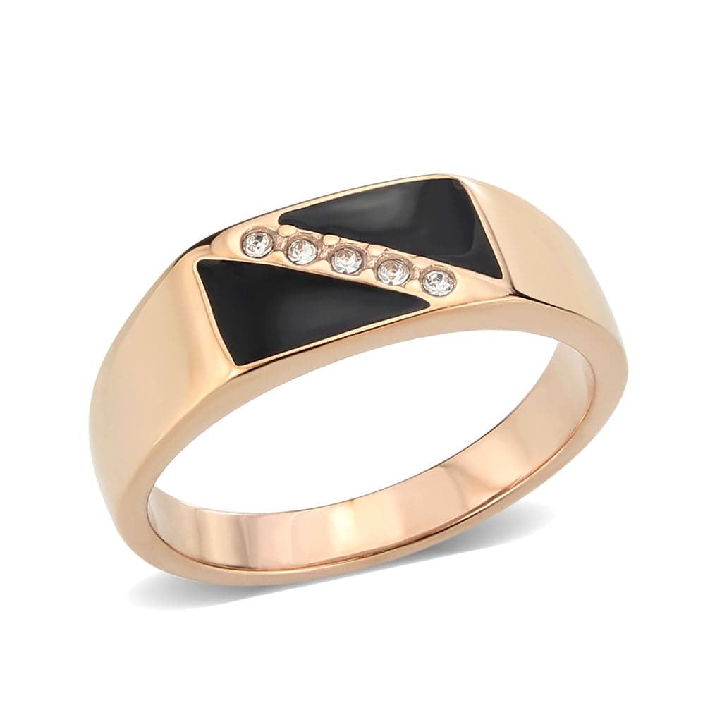 Stainless Steel Rose Gold IP Black Enamel CZ Diagonal Mens Ring