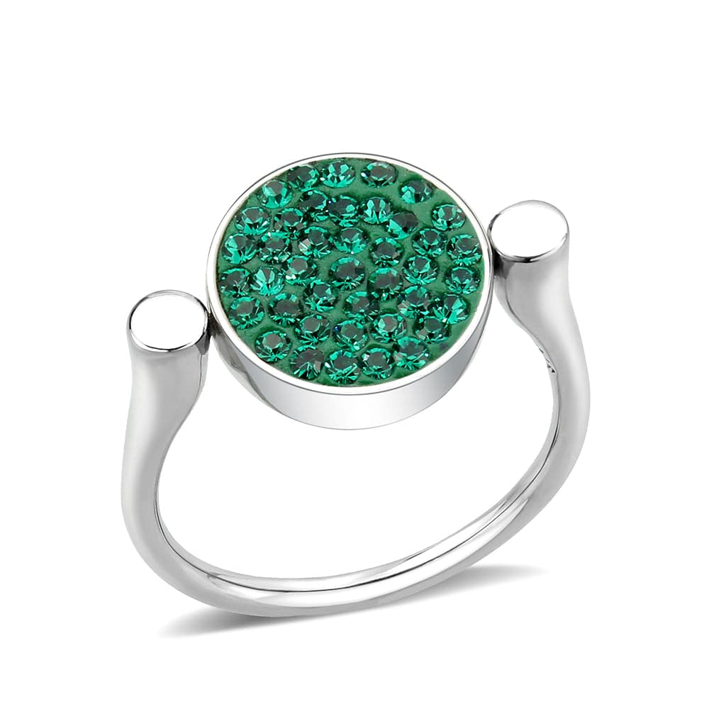 Stainless Steel Silver Emerald Green Crystal Pave Round Disc Ring