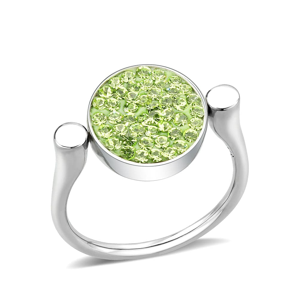 Stainless Steel Silver Peridot Green Crystal Pave Round Disc Ring