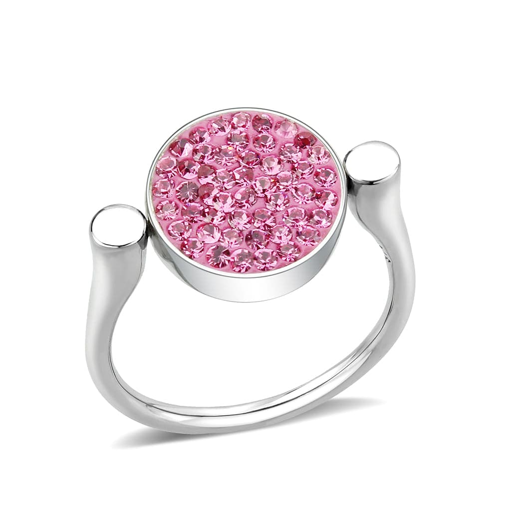 Stainless Steel Silver Rose Pink Crystal Pave Round Disc Ring