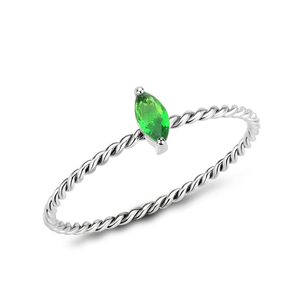 Stainless Steel Silver Emerald Green CZ Marquise Rope Twist Ring
