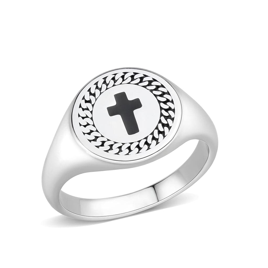 Stainless Steel Cross Enamel Chain Border Mens Signet Ring