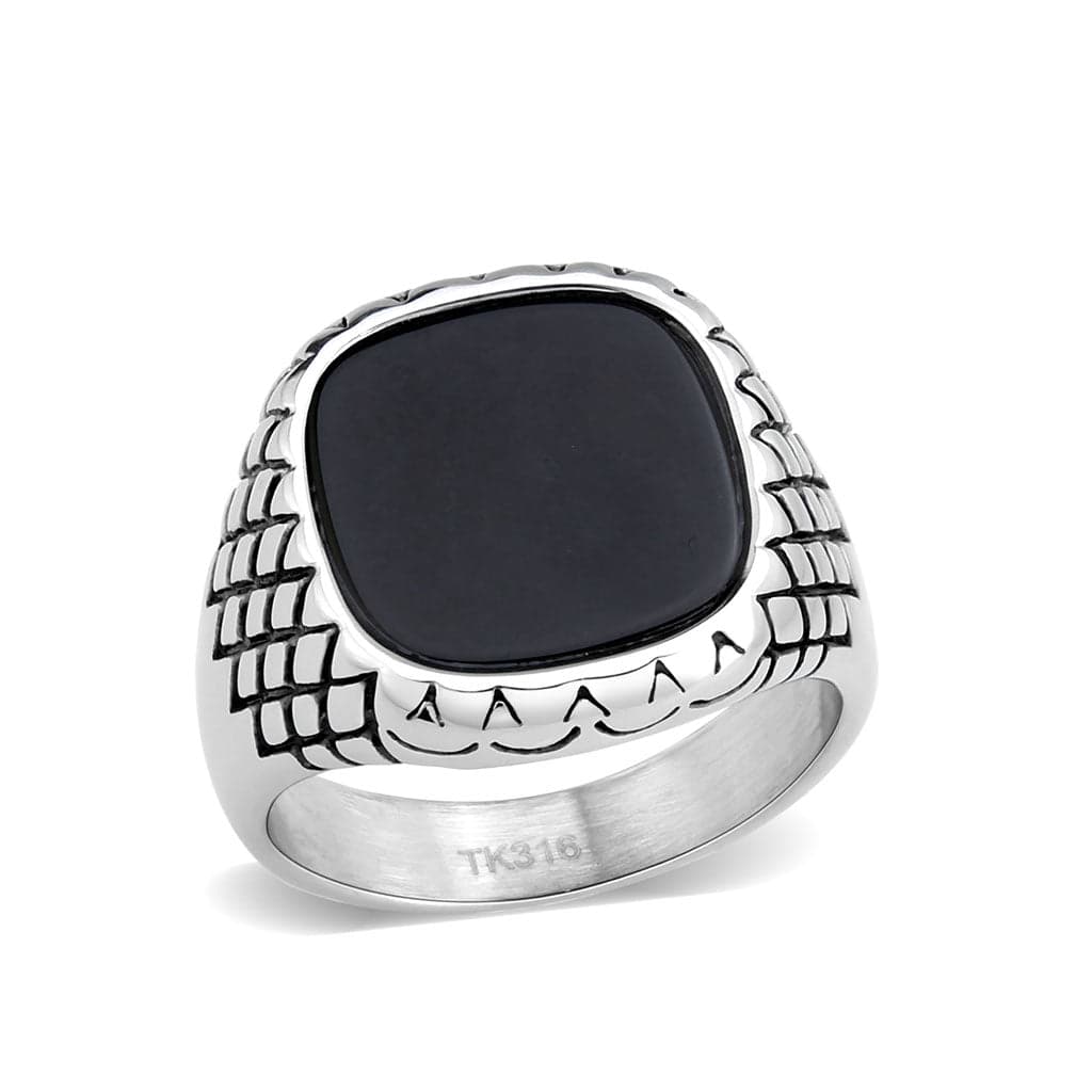 Stainless Steel Silver Black Onyx Square Grid Carved Mens Ring