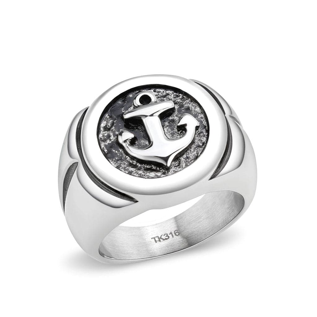 Stainless Steel Anchor Nautical Circle Carved Mens Signet Ring