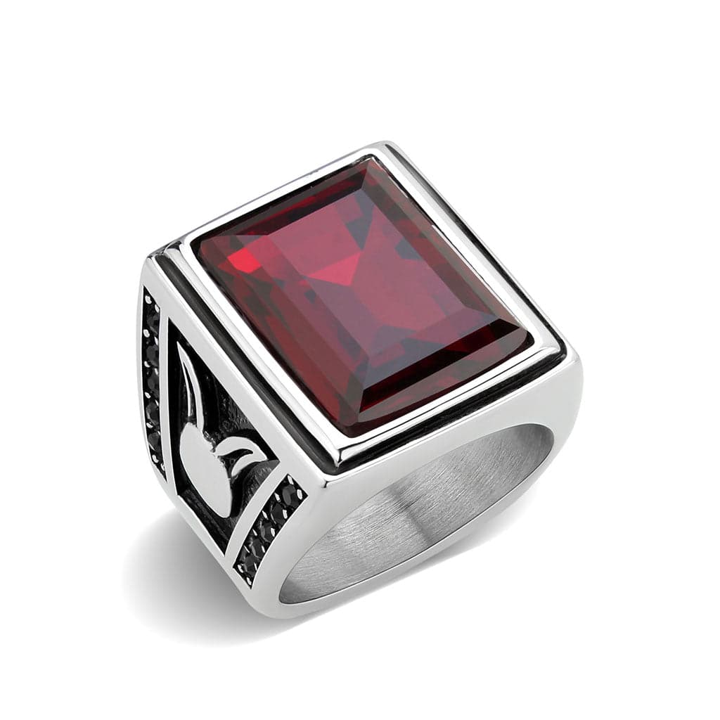 Stainless Steel Silver Red Garnet CZ Emerald Cut Carved Mens Ring