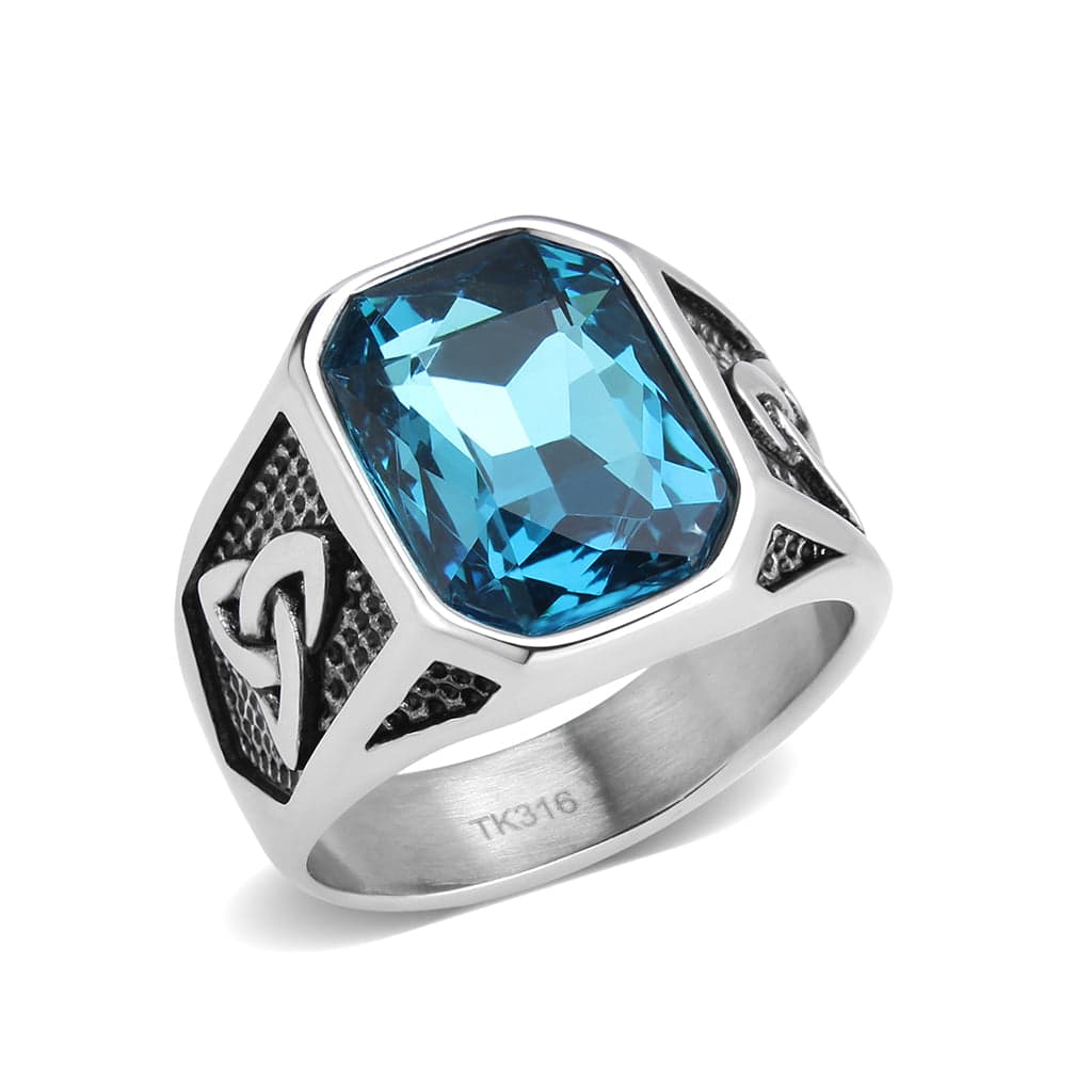 Stainless Steel Silver Aquamarine CZ Emerald Cut Celtic Ring