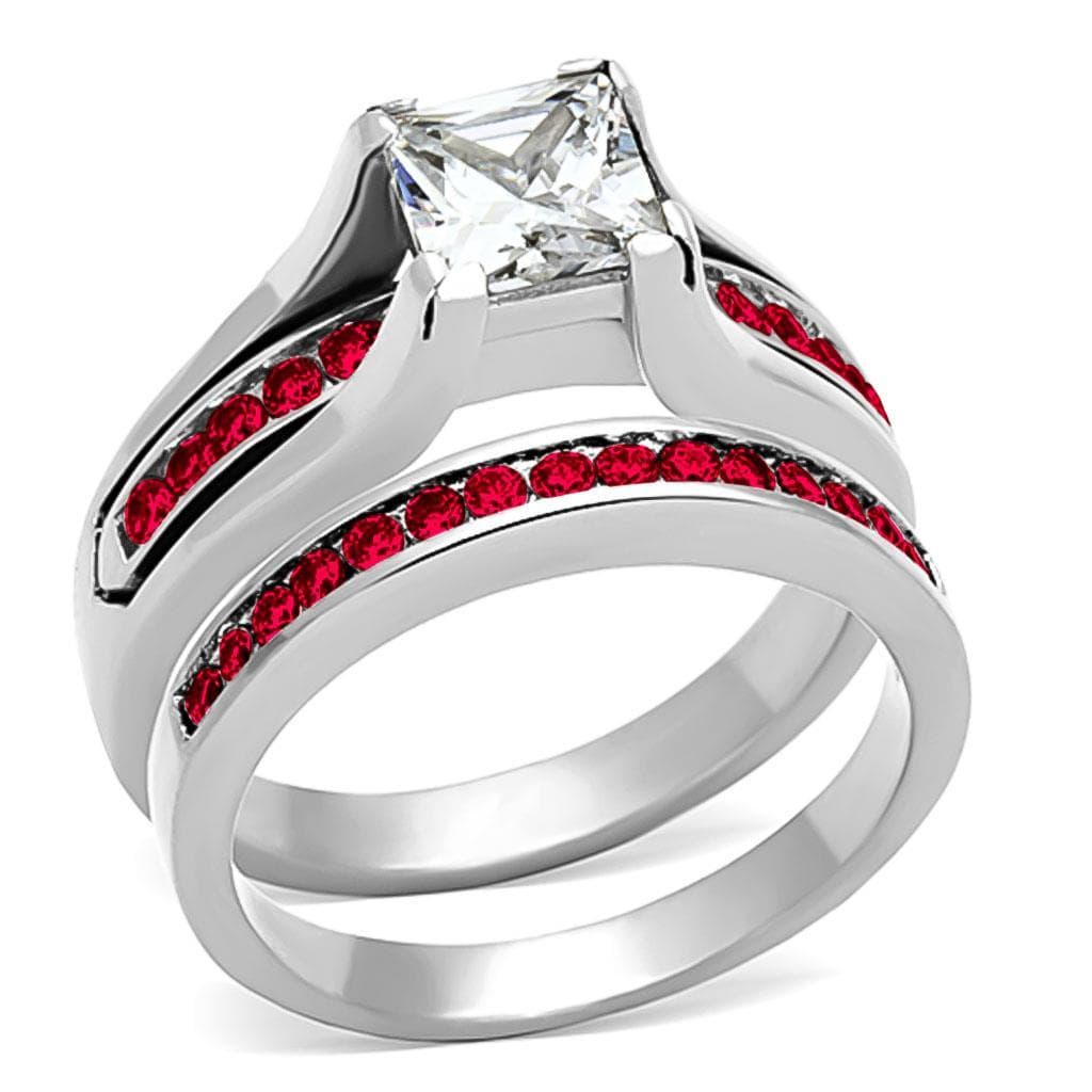 Stainless Steel Silver Red CZ Princess Channel Bridal Ring