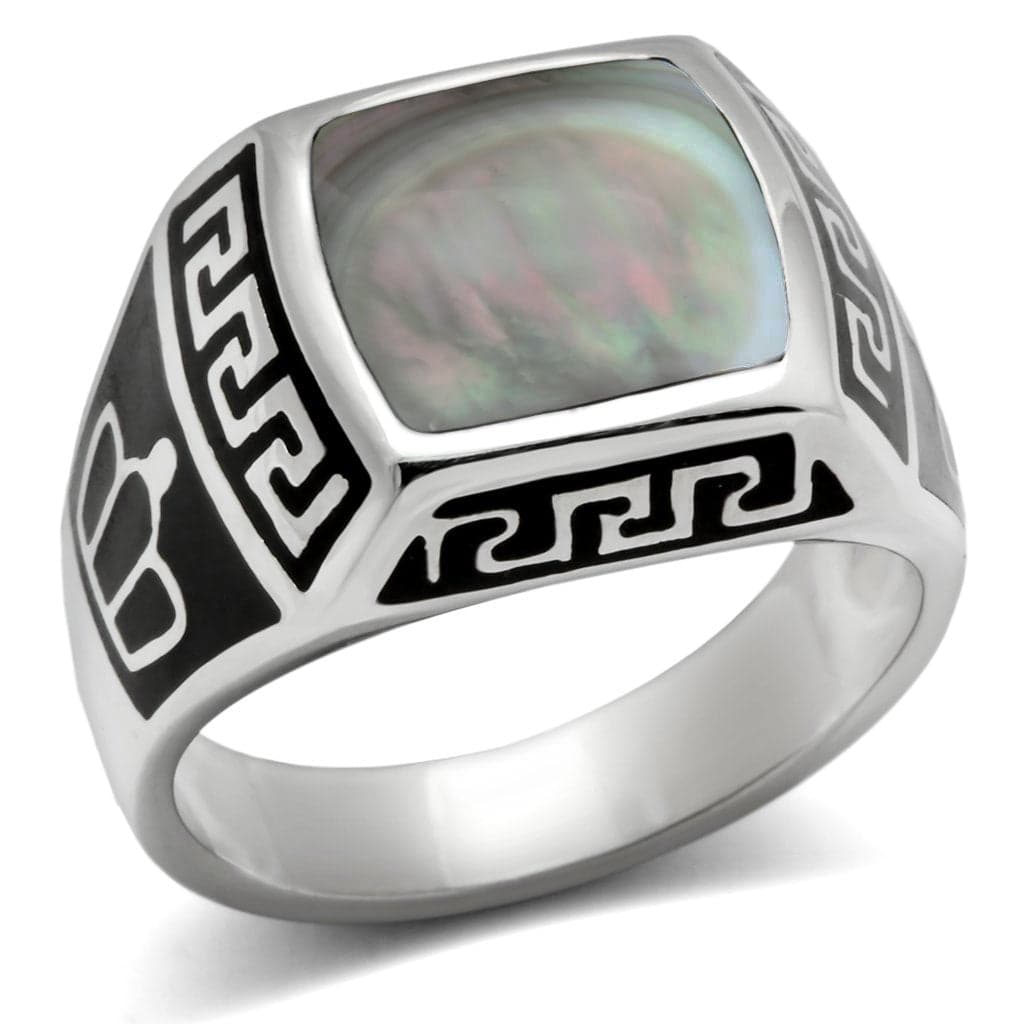 Stainless Steel Abalone Shell Square Greek Key Enamel Mens Ring