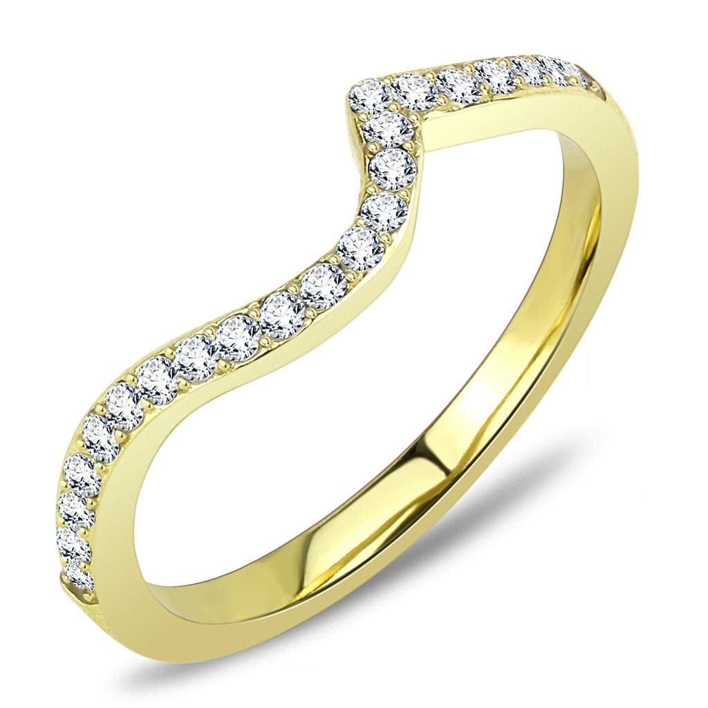 Stainless Steel Gold IP CZ Pave Curved Chevron V Band Ring