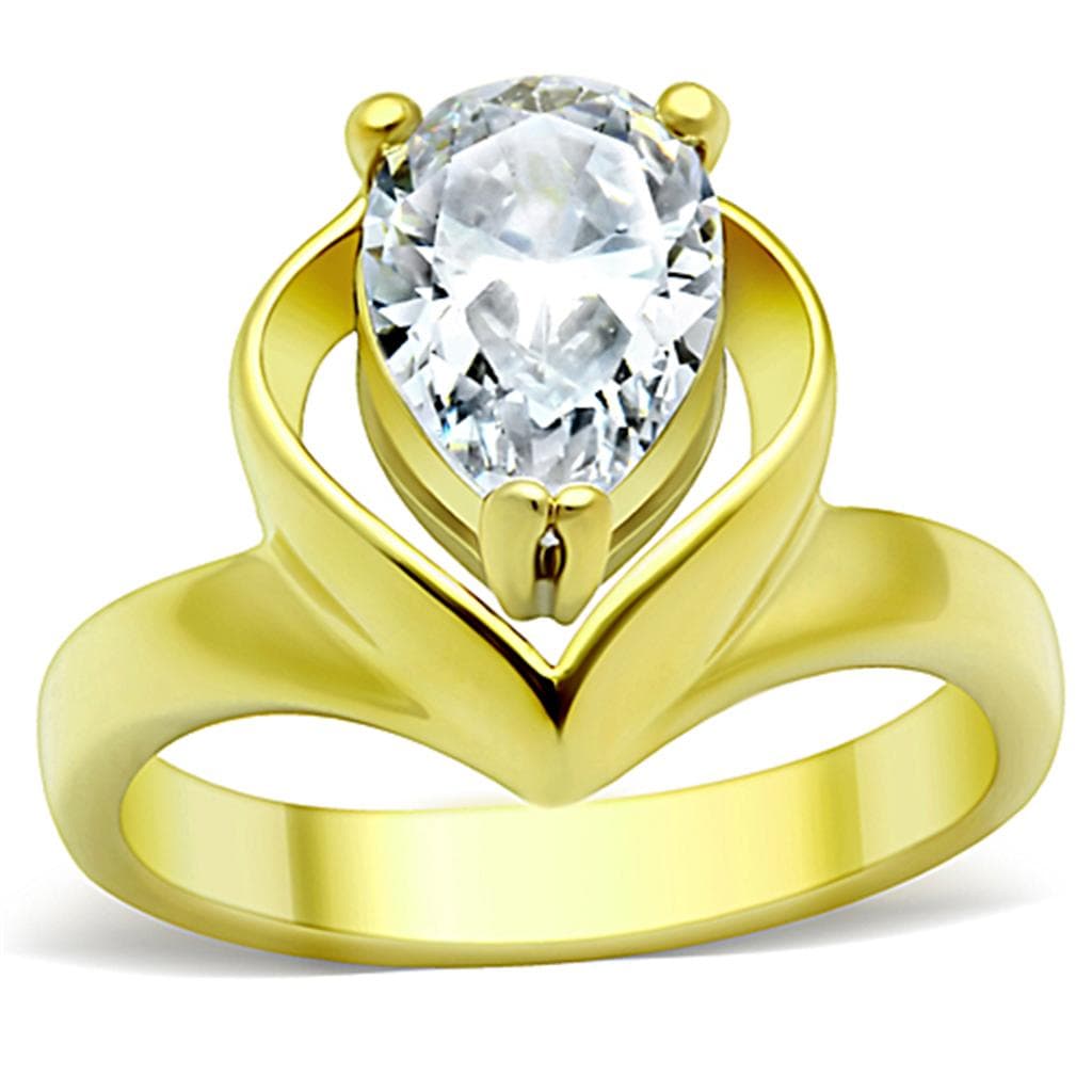 Stainless Steel Gold IP CZ Oval Petal Cathedral Solitaire Ring