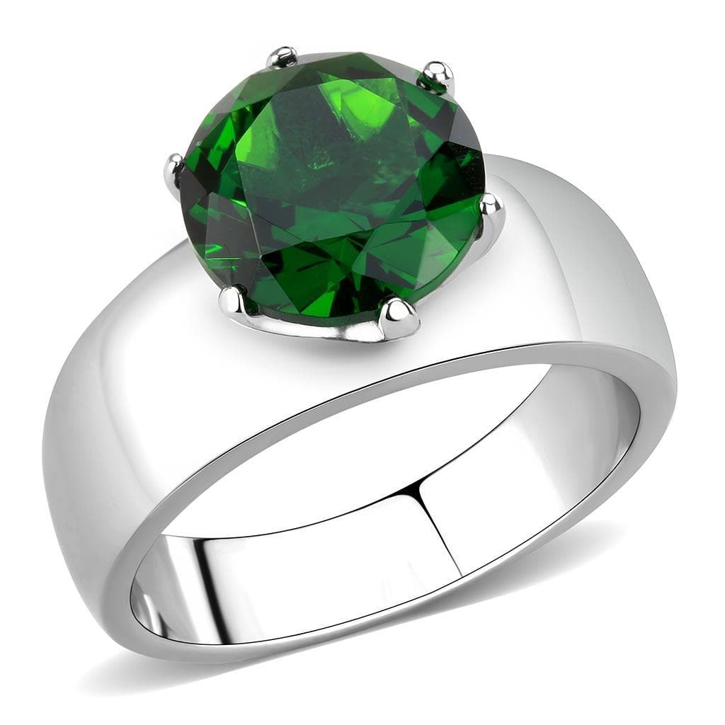 Stainless Steel Silver CZ Round Green Solitaire Wide Band Ring