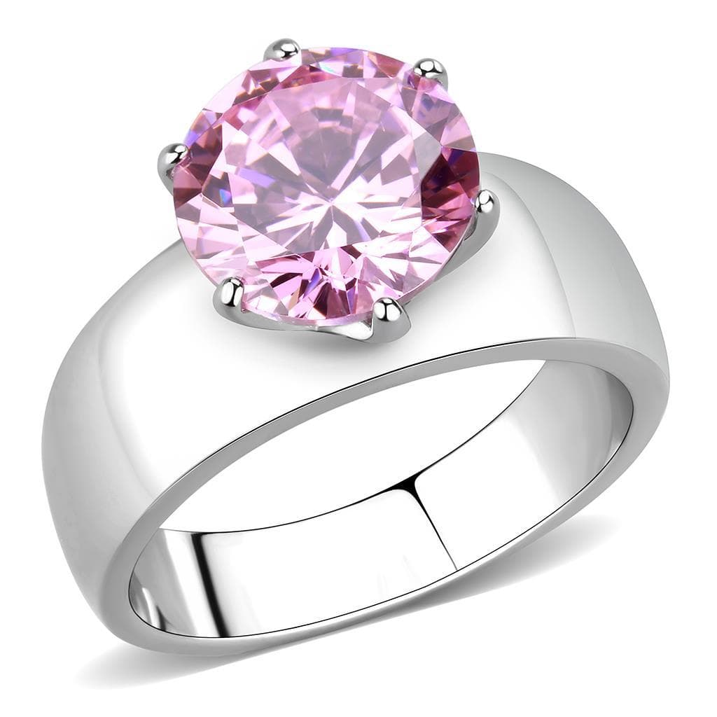 Stainless Steel Silver CZ Round Pink Solitaire Wide Band Ring