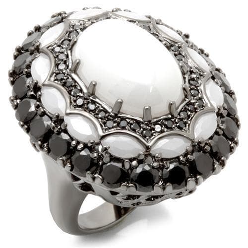 Brass White Opal Black CZ Halo Ring