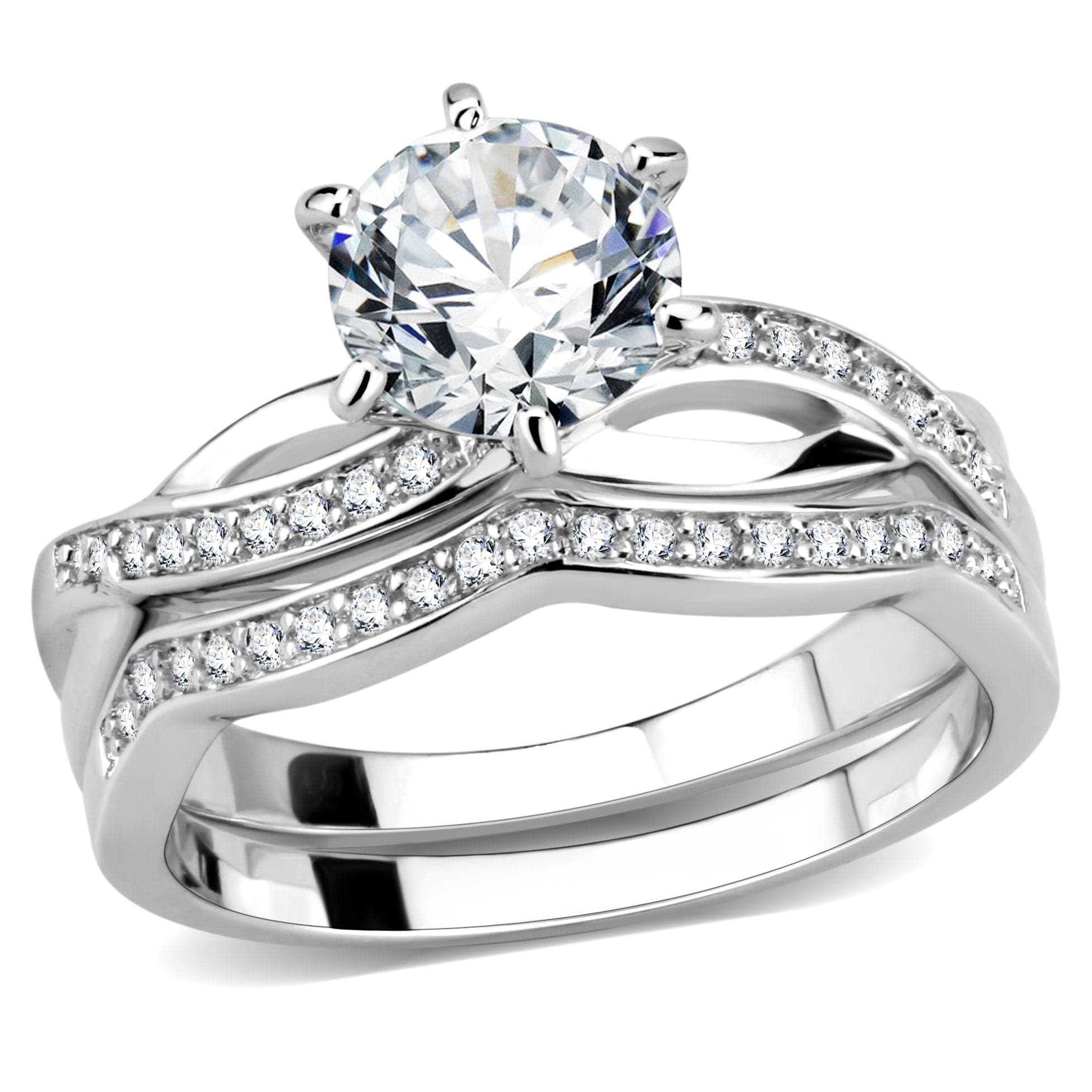 Brass CZ Round Solitaire Double Pavé Band Ring
