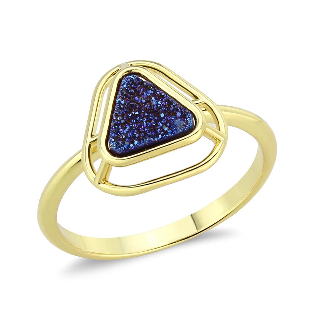 Brass Gold Blue Druzy Triangle Open Ring