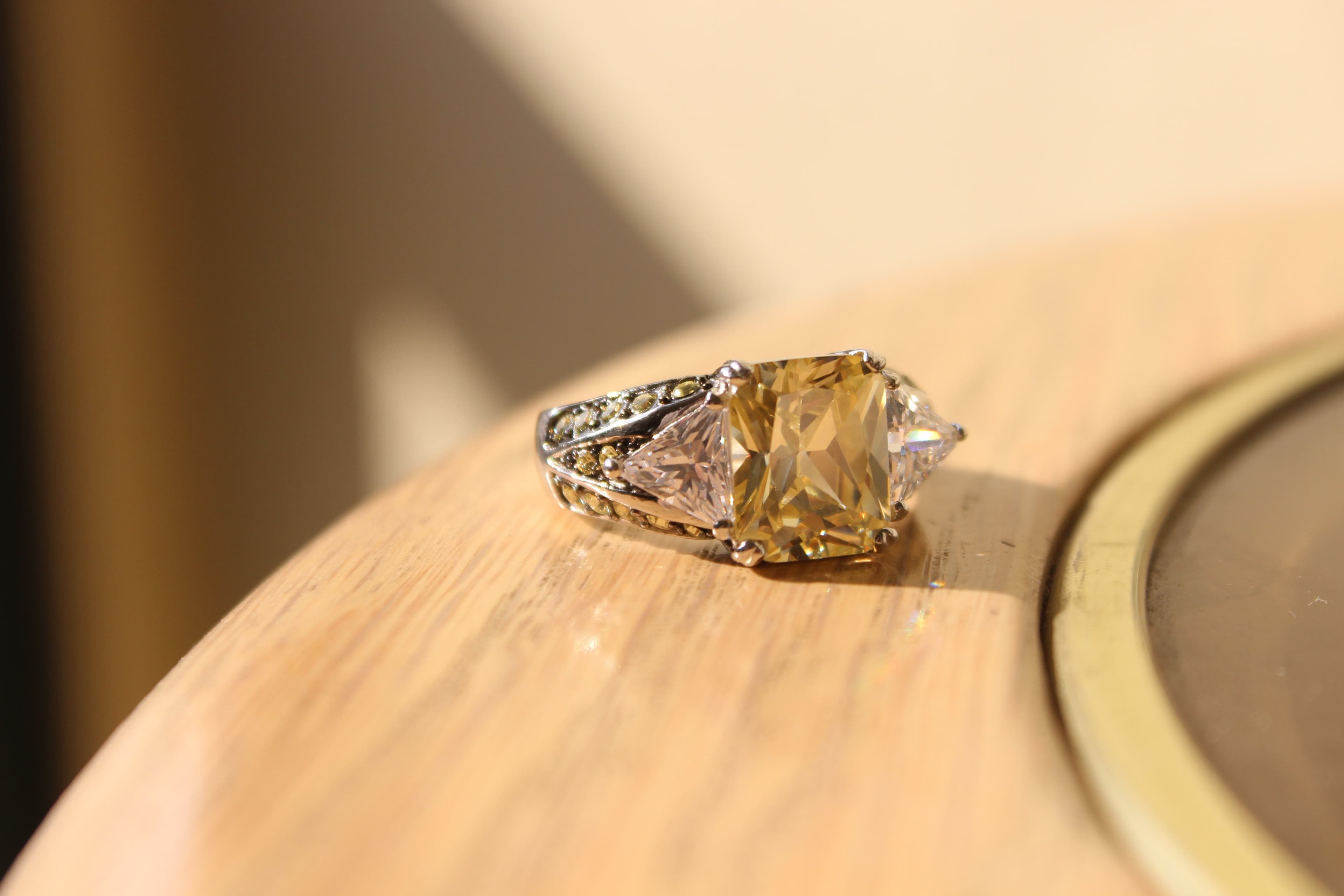 Sterling Silver Gold Champagne CZ Cushion Solitaire Cocktail Ring