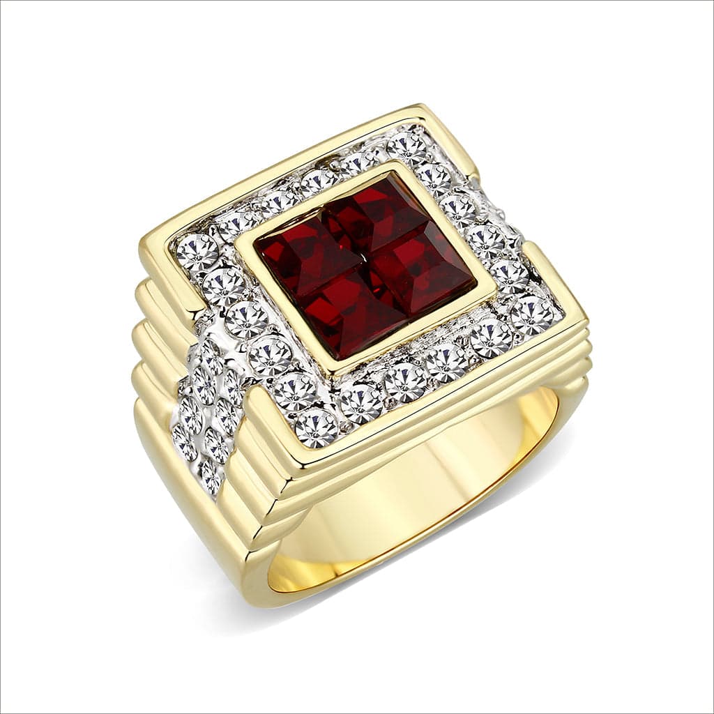 Brass Gold Red CZ Square Halo Mens Signet Ring