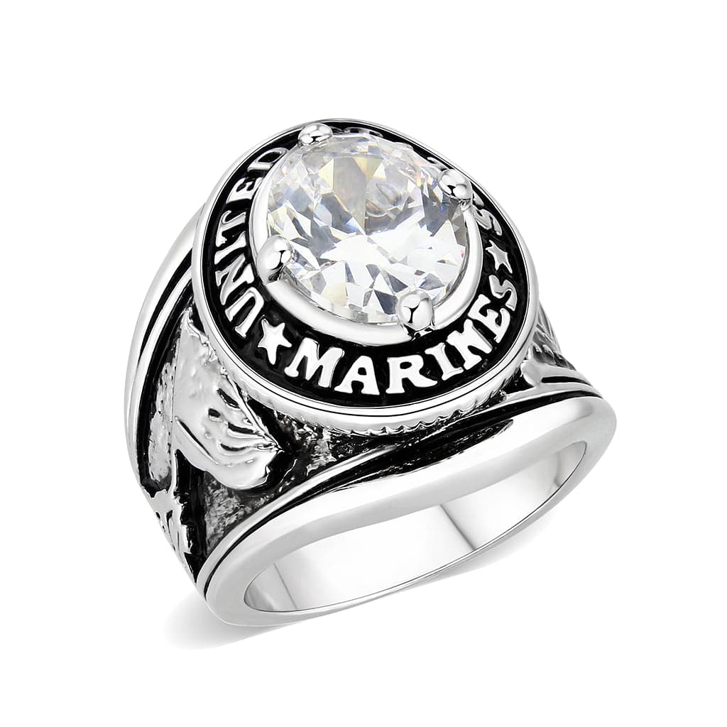 Stainless Steel Rhodium CZ Marines Military Ring