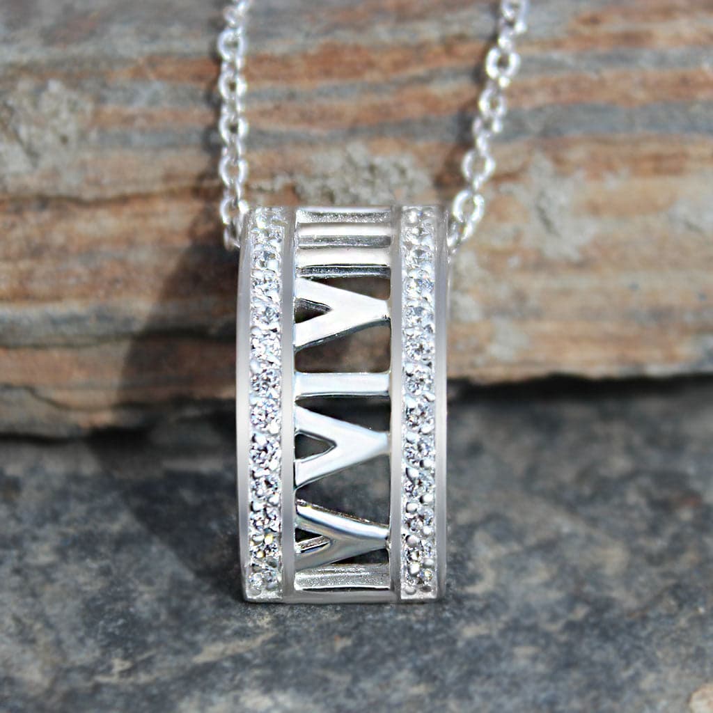 Sterling Silver CZ Roman Numeral Bar Pendant Necklace