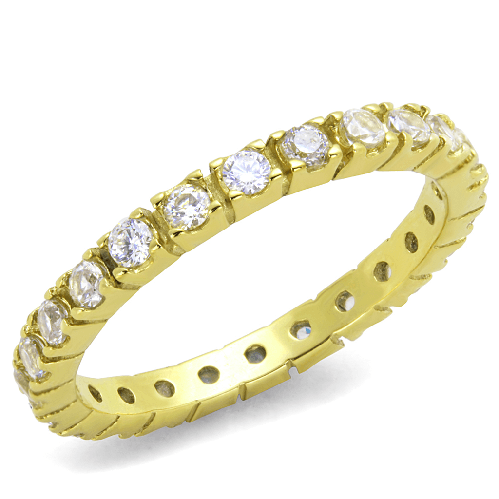 Stainless Steel Gold IP CZ Round Prong Eternity Band Ring
