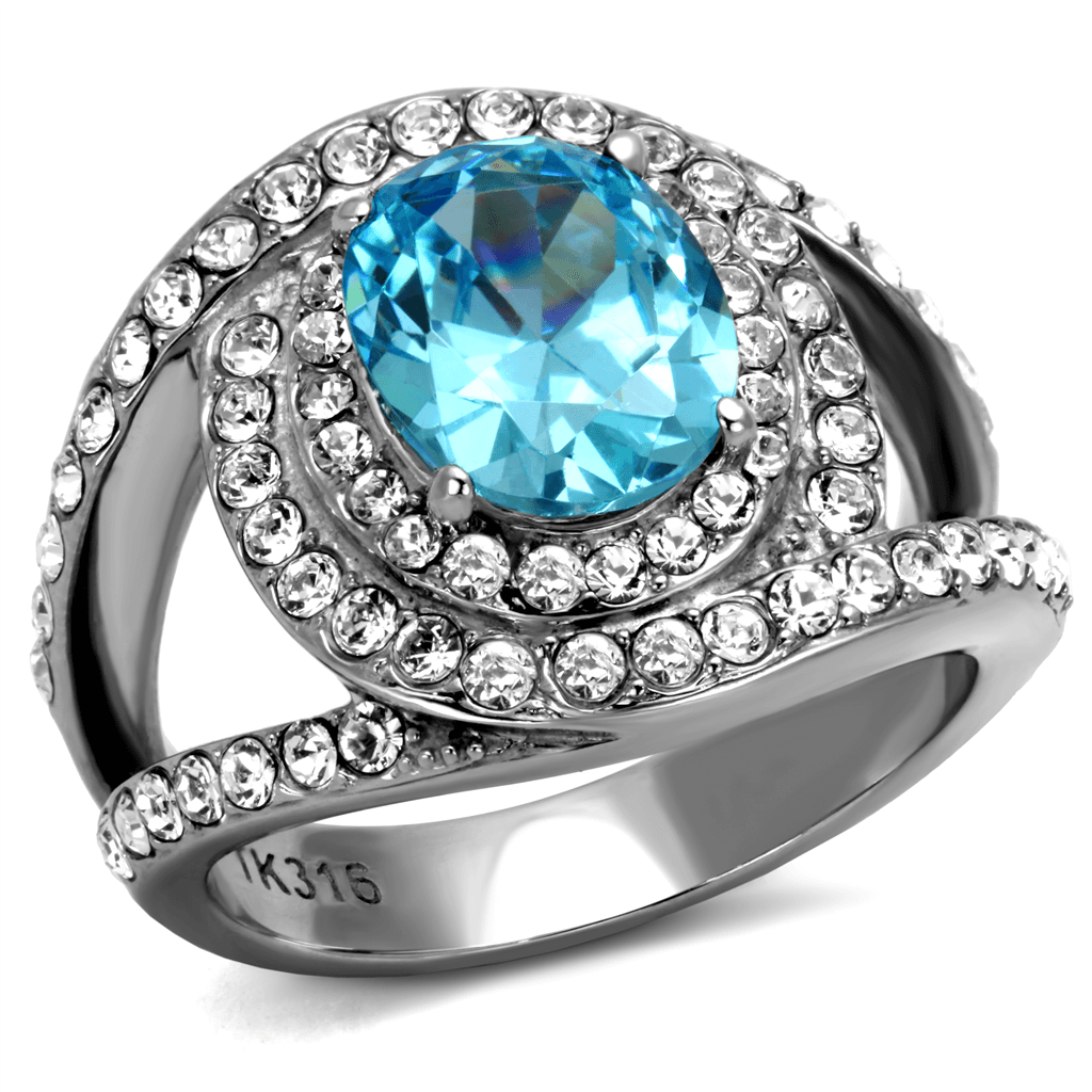 Stainless Steel Aquamarine Blue CZ Cushion Double Halo Pave Ring
