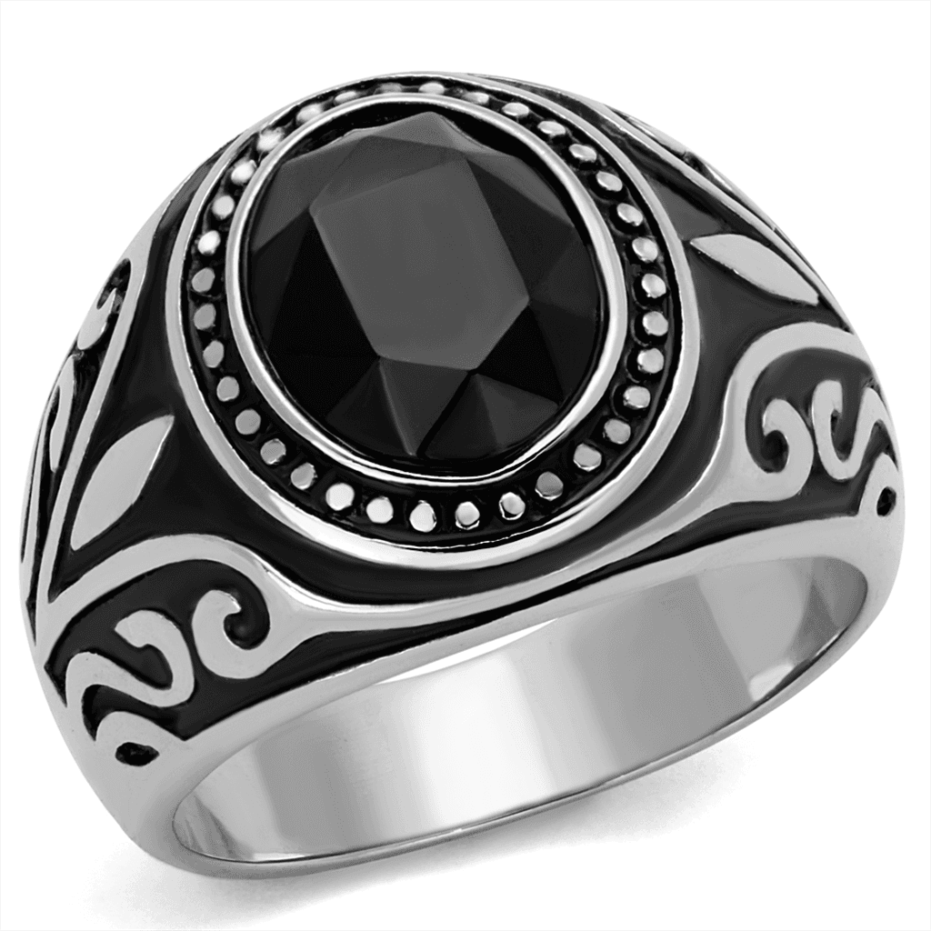 Stainless Steel Black Onyx Oval Tribal Scroll Mens Signet Ring