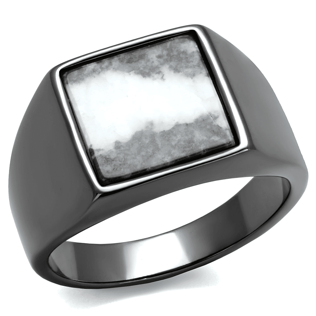 Stainless Steel Dark Gunmetal White Howlite Square Inlay Ring