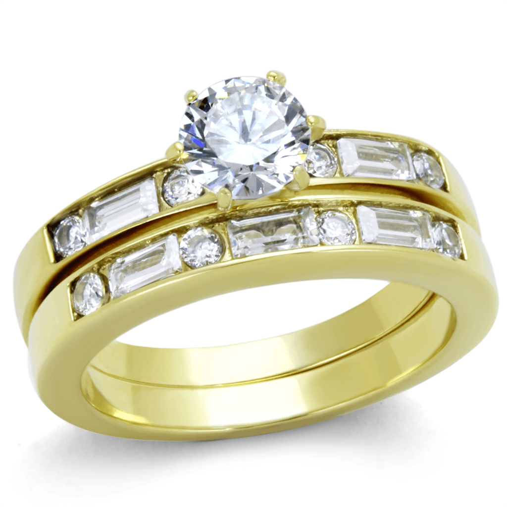 Stainless Steel Gold IP Round CZ Baguette Channel Bridal Set Ring