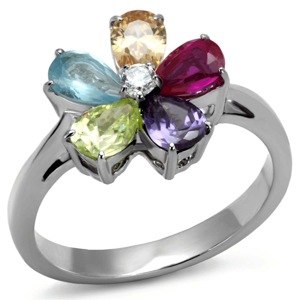 Stainless Steel Multi Color CZ Pear Flower Cluster Ring