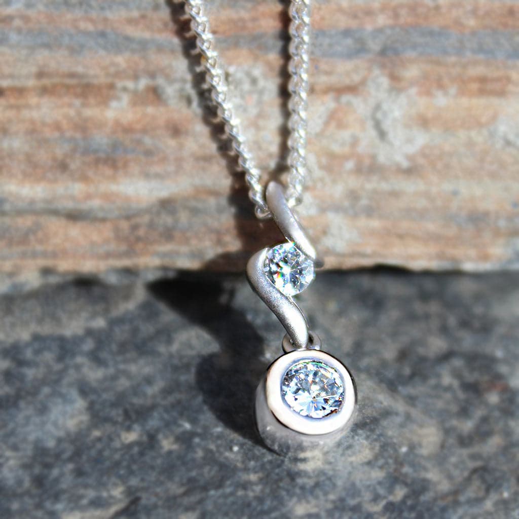 Brass Silver CZ Round Bezel Drop Pendant Necklace