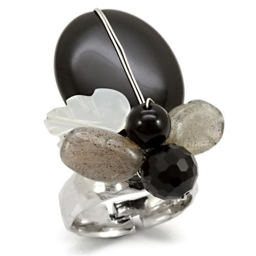 Brass Antique Silver Black Onyx Bead Flower Wire Cocktail Ring