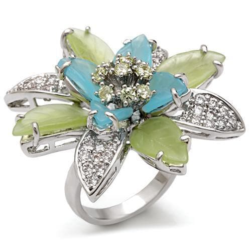 Brass Green Blue Enamel Crystal Flower Ring