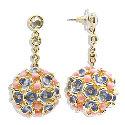Brass Pink Blue Enamel Flower Ball Drop Earrings