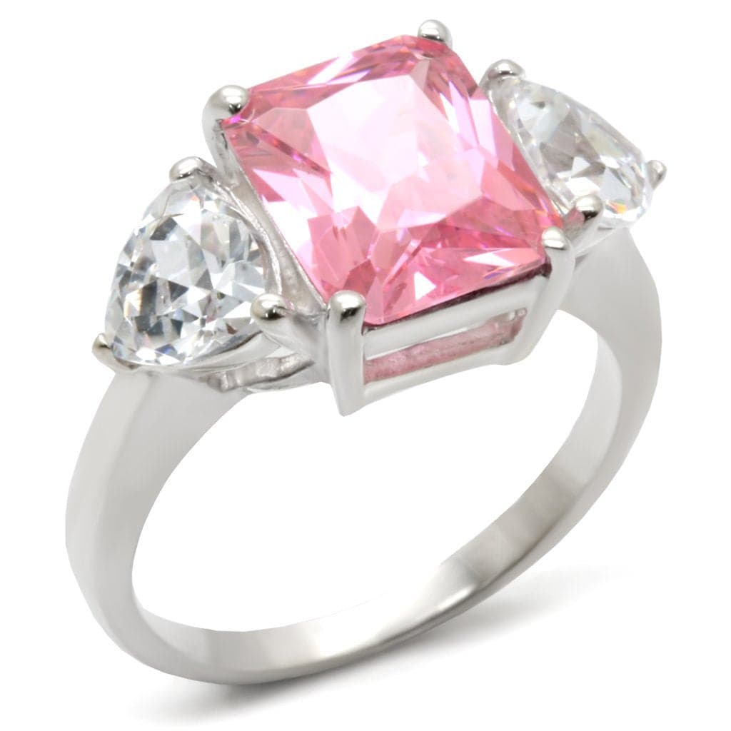 Sterling Silver Pink CZ Radiant Trillion Three-Stone Ring
