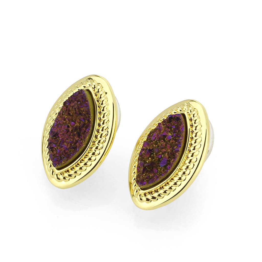 Brass Gold Purple Druzy Marquise Rope Stud Earrings