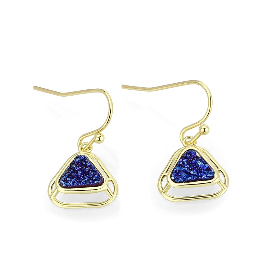 Brass Gold Blue Druzy Triangle Hook Drop Earrings