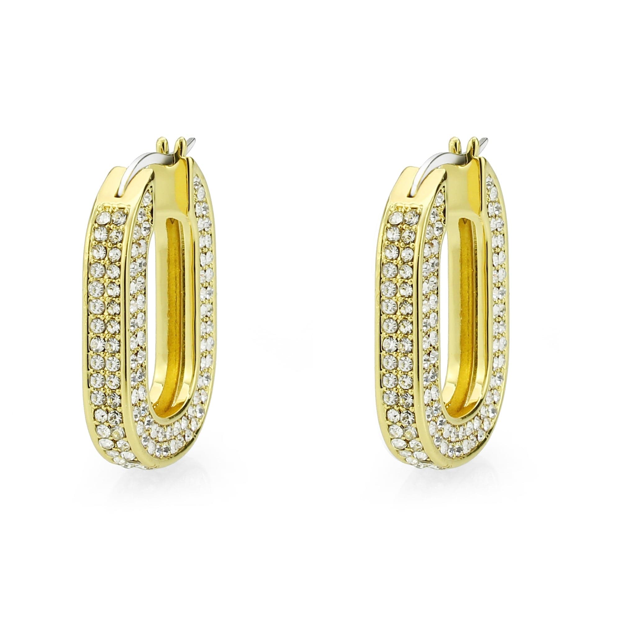 Brass Gold CZ Pave Elongated Oval Hoop Earrings