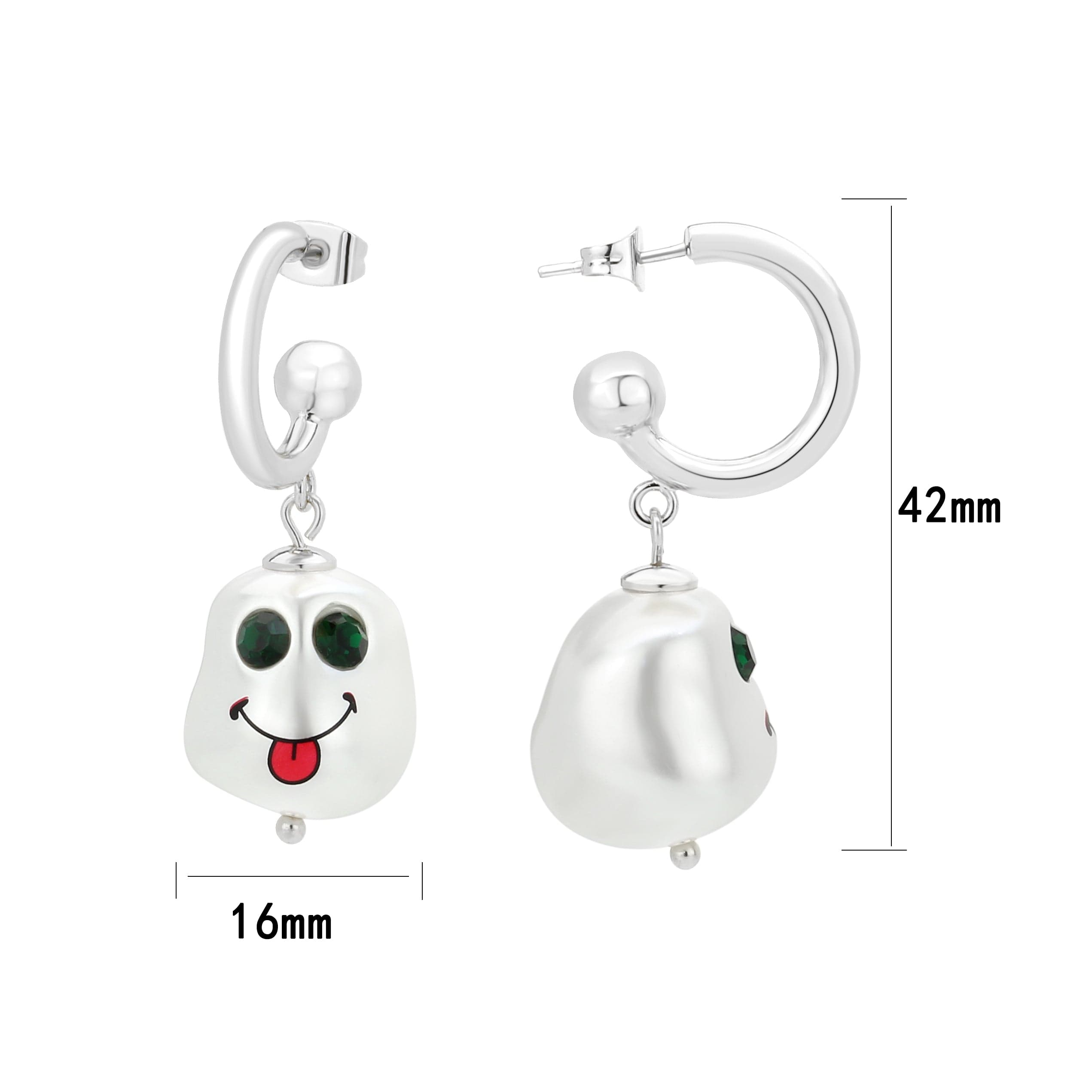 Brass Smiley Face Pearl Charm Huggie Drop Earrings