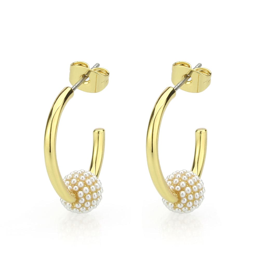 Brass Gold Pearl Cluster Ball C-Hoop Earrings