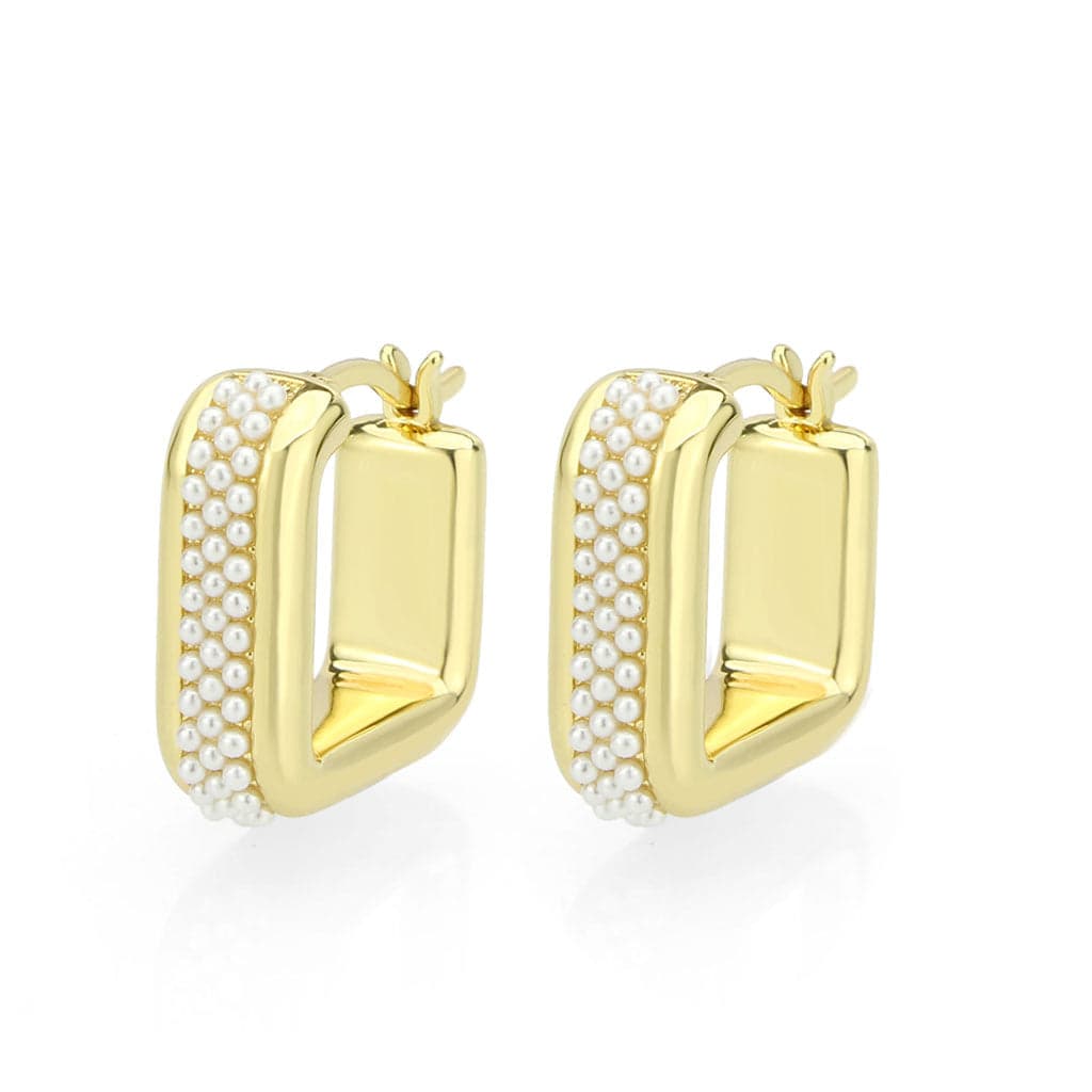 Brass Gold Pearl Encrusted Rectangle Huggie Earrings