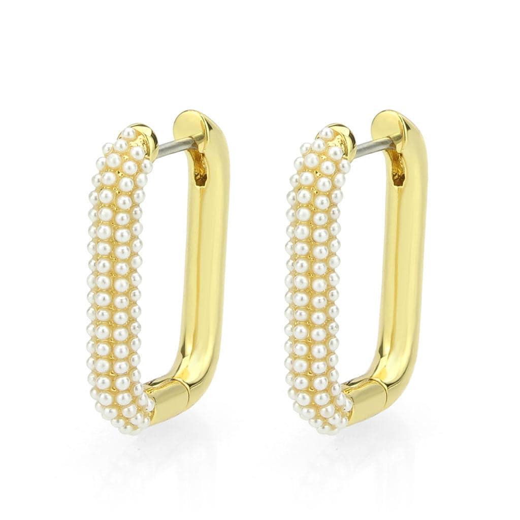 Brass Gold Pearl Encrusted Paperclip Hoop Earrings